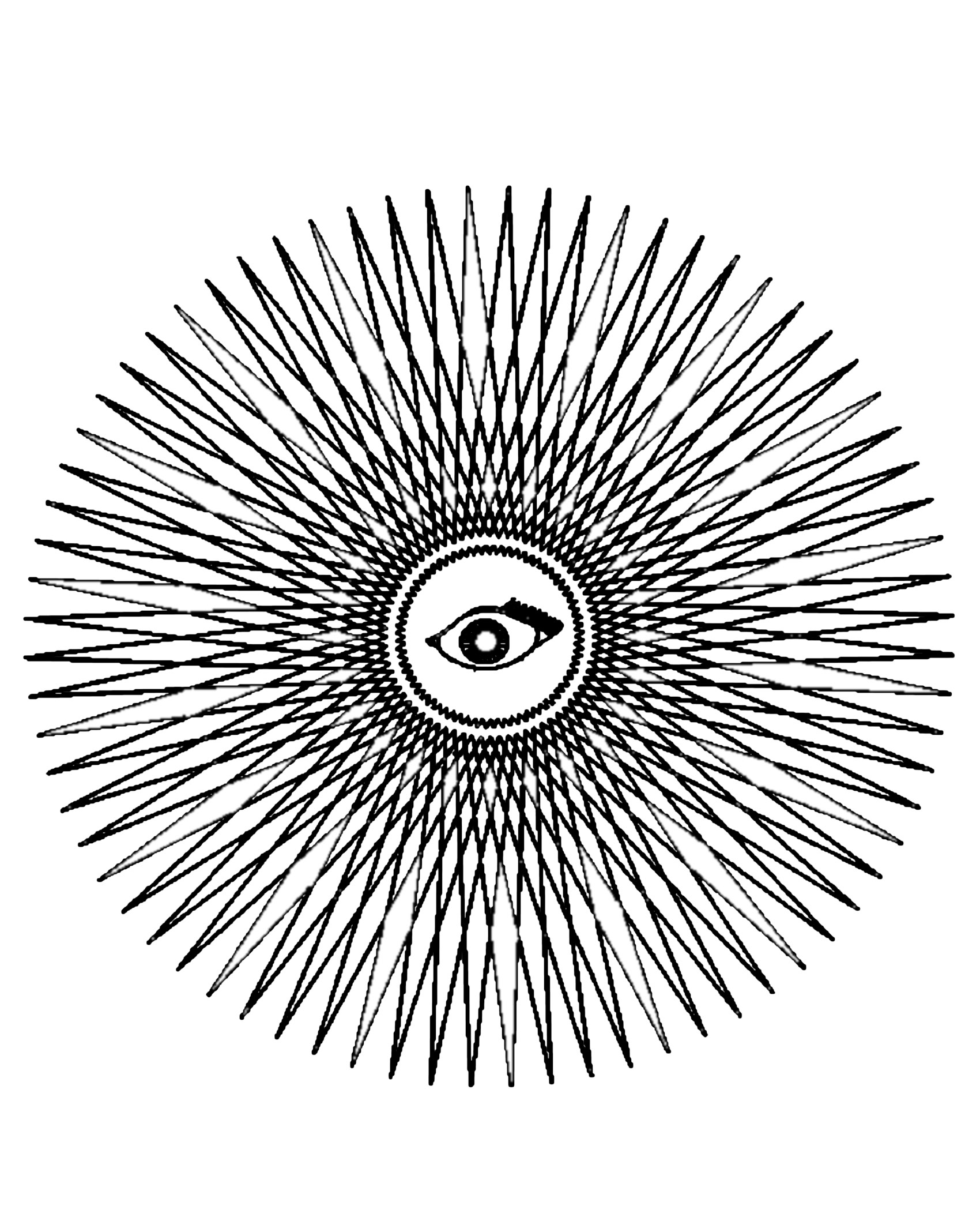 Mandala à télcharger assez mystique avec un œil au centre ainsi qu'une succession de losange.